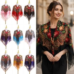 CHLOCH 110x110cm Floral Print Scarf Floral Pattern Fringed Design Ethnic Shawl Retro Classic Fringed Shawl