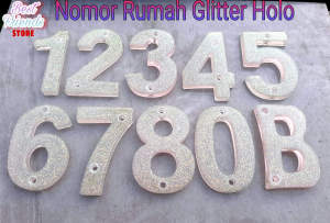 Nomor Rumah dan Huruf Timbul Glitter Hologram Putih