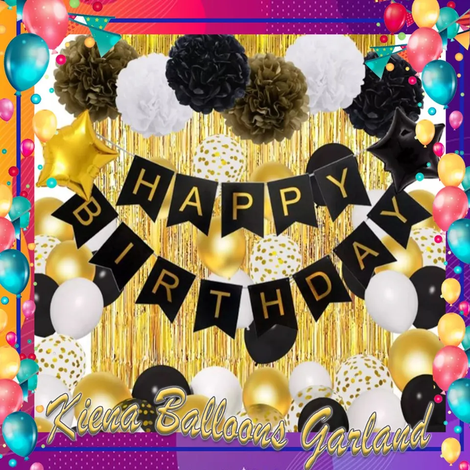 Kiena Black Gold Birthday Decorations for Men Women,38pcs Black Gold White  Foil Confetti Balloons Happy Birthday Banner Pom Poms Metallic Fringe  Curtains for 18th 30th 40th 50th 60th Birthday Party Supplies (KB-277)