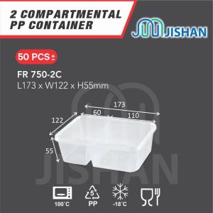[50pcs] 2-Compartment Microwavable Container with LID / PP Disposable Rectangular Lunch Box / FR750-2C/FR1000-2C 打包塑料盒