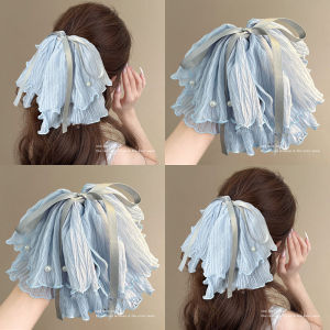 Ribbon Pearl Gauze Bow Hair Clamp Grab Clip Female Back Head Half-Tie Hair Clip Shark Clip Hair Accessories