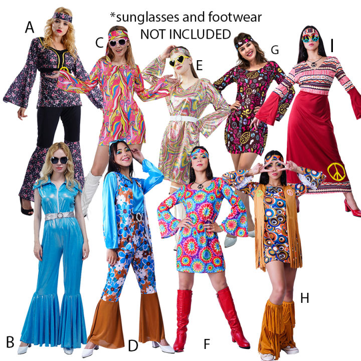 Hippie Costume for Women Sixties Seventies Disco Cosplay 60s 70s