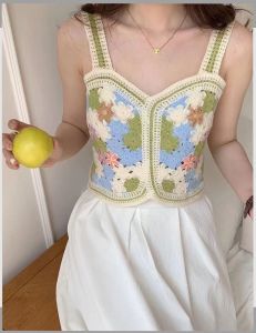 CHENLZเสื้อครอปสายเดี่ยวถัก ดีเทลลายดอกไม้โซคิวส์โทนพาสเทล สำหรับผู้หญิงชิคๆเก๋ๆ ระบายอากาศดี ใส่แล้วดู พร้อมส่งจากกทม