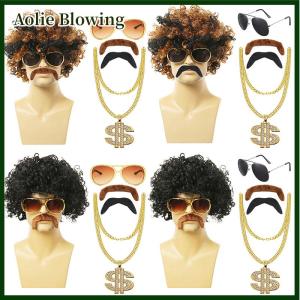 Aolie 1 Set Mens Black Short Curly Synthetic Cosplay Wig Brown 70s 80s Disco Mustache Chain Halloween Costume Party Wig
