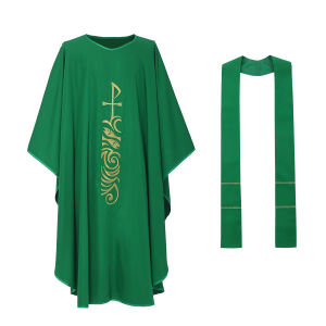Mens Church Priest Chasuble Robe Collared Vestment Fish Embroidered With Stole Green For Men