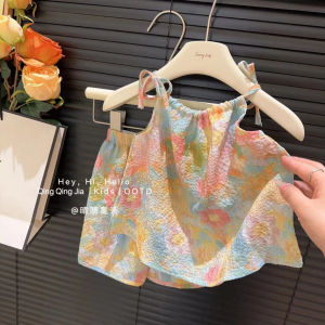 Children set Summer dyed oil painting Girls sleeveless suit cute Floral vet Terno for kids girls
