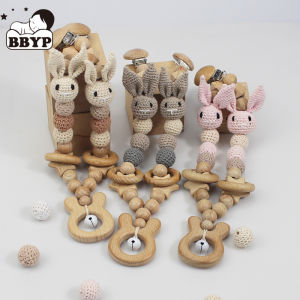 Baby Pram Pendant RattleWood Teether Baby Bed Hanging Rattles Toy Amigurumi Bunny Shape Crochet Beads Bracelet Pram Clip2026