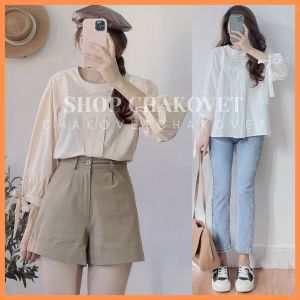 Áo sơ mi nữ tay lỡ trắng be CKA874 kiểu áo nữ thiết kế tay phồng thắt nơ cổ tròn xếp ly thời trang hàn quốc sang trọng