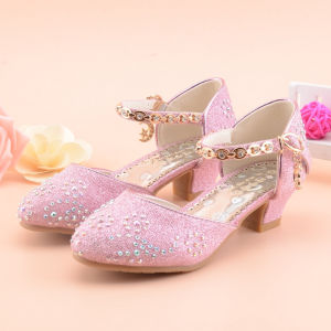 Giày Da Bé Gái Cao Gót 2023 Mùa Hè Rhinestone Nơ Trẻ Em Lớn Vừa Và Nhỏ Giày Đơn Bít Mũi Công Chúa Màu Bạc Mẫu Mới