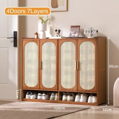 Wooden Shoe Cabinet with Rattan Doors - Breathable Space-Saving Multi-Layer Storage Multiple Size Options