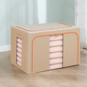 120L Foldable clothes storage bag 3 layer hanging storage covered storage box organizer foldable cotton linen storage box with steel frame