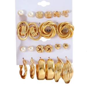 11Pcs Elegant Gold Color Bohemian Hoops Earrings and Pearls Heart Studs Set for Women Portable Jewelry Special Gifts