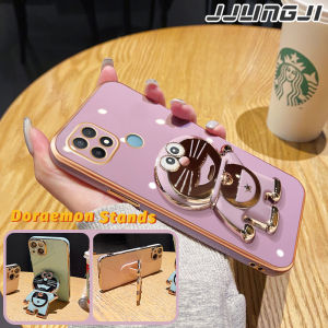 JJLINGJI Casing Ponsel untuk OPPO A15 A15s A35 A16 A16s A54s A16k A16e Case HP tiga pola Doraemon logam tepi mewah Casing silikon Kesing penutup belakang penuh kamera Softcase Phone Stands