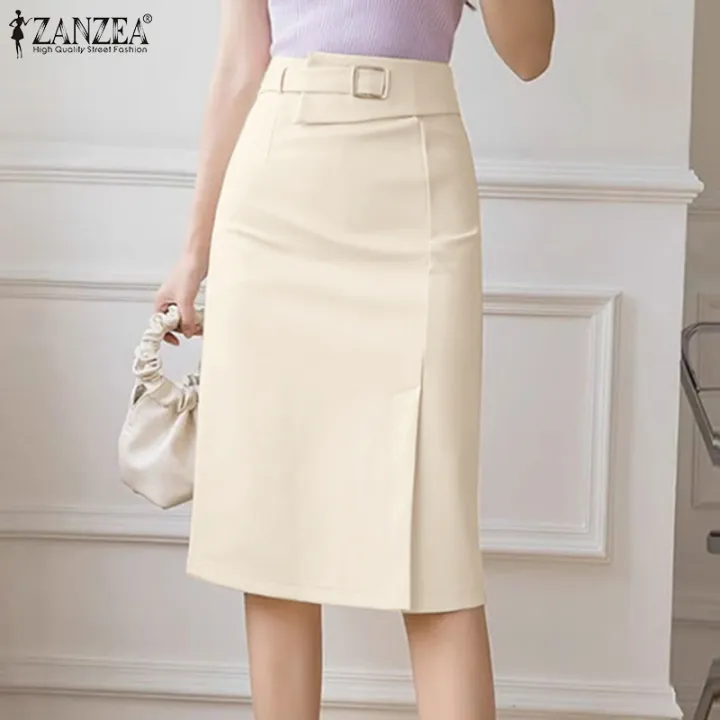 ZANZEA Korean Style Womens Elegant High Waist Front Slit Pencil Skirt Office Ladies Plain Knee Length Skirts 11 Lazada