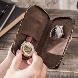 Roll_n_Rotate Mens Genuine Leather Watch Bag Case Zip Coin Purse Watch Storage Bag Organizer Wallet Watch Box Watch Pouch