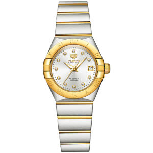 JSDUN 8848 Women Fashion Mechanical Watch Gift Round-dial Stainless Steel Watchband Wristwatch Calendar