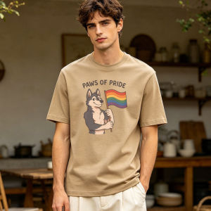 PAWS OF PRIDE Summer Men Cotton Crew Neck Tee Retro Furry Wolf Rainbow Banner Print Animal Lover Holiday Apparel