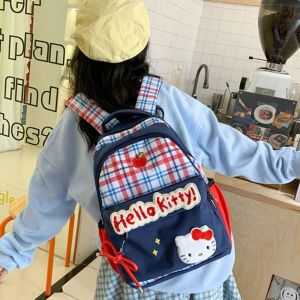 GESTURE การ์ตูนลายการ์ตูน กระเป๋าเป้สะพายหลังคิตตี้ ลายสก็อต สไตล์อเมริกัน กระเป๋าสะพาย Y2k ภาษาญี่ปุ่นญี่ปุ่น จุได้มาก กระเป๋าโรงเรียนแมว KT สำหรับนักเรียน