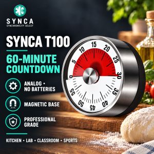 Kitchen Timer Professional 60 Minute Countdown Timer SYNCA T100 Analog Timer Magnetic Stainless Steel Grade Lab - Cooking - Culinary - Classroom - Sports