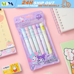 6pcs/set Sanrio Fluorescent Pen Cute Box High Color Marker Pen Kuromi Multi-function Fluorescent Pen Beveled Pen Head Highlighter Pen Markers Set 6 PCs.Sanrio Characters Kawaii