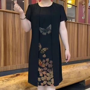90KG Fat Girl Can Wear Fake Two Piece Women Short Sleeve Chiffon Dress Middle age Mother Plus Size Loose Dresses Female Retro Temperament dress