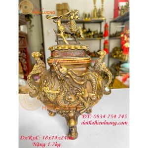 Lư xông trầm rồng nổi quai phượng nắp kỳ lân bằng đồng (DxRxC 18x14x24cm nặng 17kg)