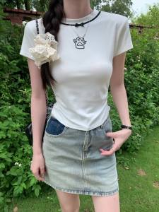 Áo thun vải cotton thời trang cổ tròn chắp vá nơ màu Mới Mùa Hè 2024 áo phong cách ngắn nữ trơn đơn giản hình mèo màu sắc in hình móng Áo Blouse thanh lịch