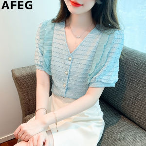 AFEGs new Korean version of V-neck peplum fashion loose temperament chiffon bubble sleeve blouse for women