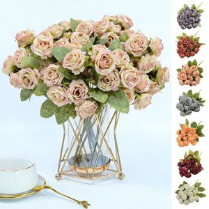 MINIFELE 262 15 Heads Rose Artificial Flowers Multicolor Silk Petals Simulation Flower Rose Creative Green Leaves Faux Flower Home Decoration