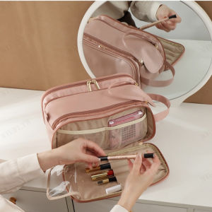 biubiubeng กล่องเก็บเครื่องสำอางไนลอนสีทึบสามชั้นอเนกประสงค์