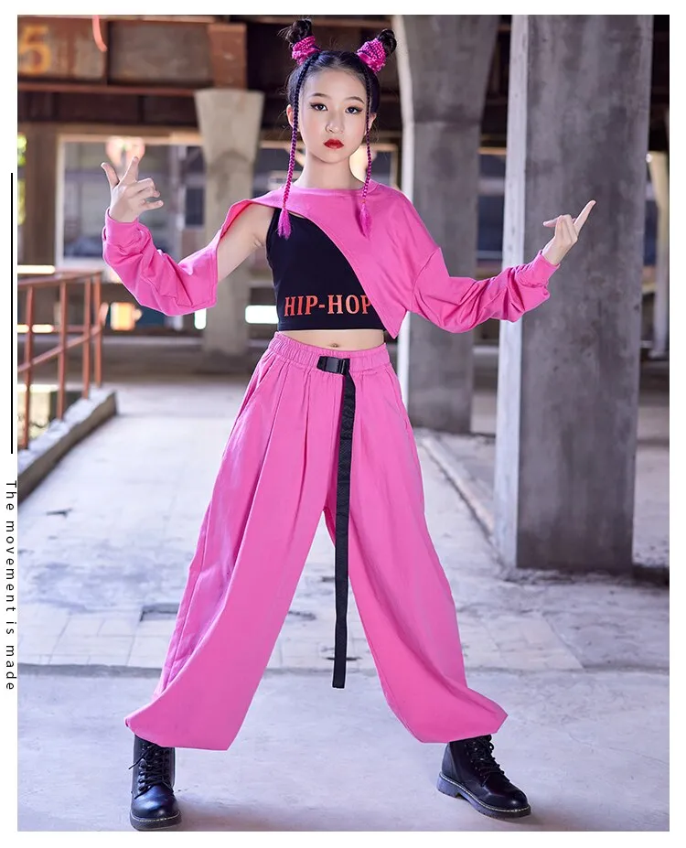 2022 Jazz Dance Costume For Girls Crop Tops Pants Pink Kpop Hip-Hop  Performance Outfits Kids Hip Hop Clothing Stage Wear BL9495