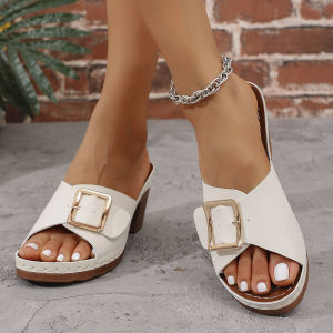 [Free Shipping] Plus-Size Slip-On Sandals New Summer Styles With Metal Buckles WomenS High-Heeled Sandals