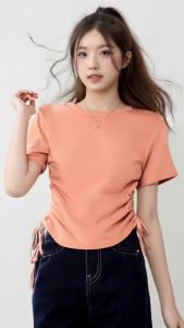 AMMIN Korean Style Simple round Neck Fashion Drawstring Waist Design Shoulder Short Sleeve Cotton T-shirt Womens 2025 Summer New Short Style Casual Elegant Blouse