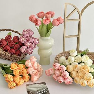 EFSGD 9pcs 9 Heads Artificial Tulip Bouquet Burnt Edge Real Touch Fake Flowers Flower Arrangement Handmade Silk Tulip Flower Home Living Room Decor