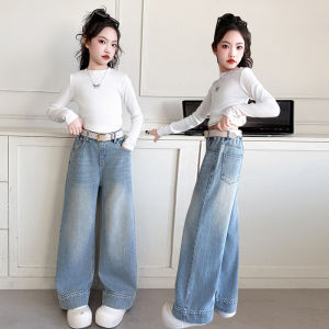 New Kids Girls Jeans 5-16 Yrs Denim Jeans Wide Leg Trousers Loose Pants  Jeans Korean Fashion Pearl Pants Legs