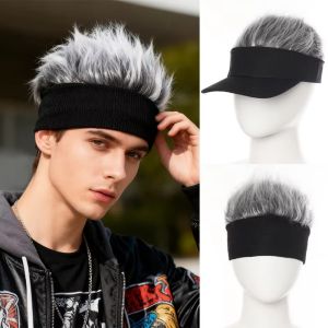 DOUCAI Silvery-Gray Mens Headband Wig Natural-Looking Hairstyle Soft Synthetic Spiky Wig Fashion Accessory Stretch Headband Black Visor Cap Hairpiece for Daily
