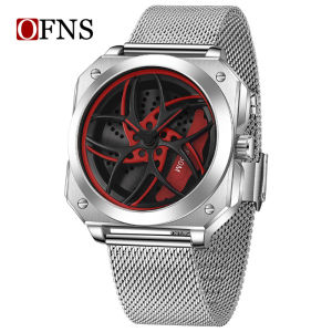 Ofns Đồng hồ đeo tay nam Milan Dây đeo mắt lưới vuông rỗng bánh xe quay đồng hồ thạch anh trung tâm xe hơi sáng tạo