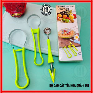 Bộ dao tỉa hoa quả đa năng 4 in 1 bộ dụng cụ nạo gọt trái cây múc kem tạo hình muỗng múc dưa hấu
