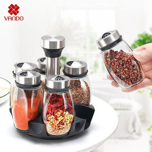 Bộ 6 Lọ Đựng Gia Vị Thủy Tinh Kèm Giá Để Xoay 360 Độ Tiện Lợi Cho Nhà Bếp Bộ Đựng Gia Vị Xoay 360 Độ (Loại Cao Cấp)