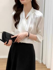 AMMIN Korean Style Bowknot V-neck Satin Long Sleeve Shirt for Women 2025 Early Autumn New Commuting Professional Basic Natural Vertical Elegant Blouse