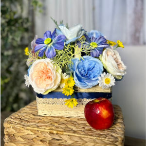 Hoa Giả Giỏ Hoa Lụa Giả Mây Đan Trang Trí Nhà Cửa Văn Phòng Làm Đạo Cụ Chụp Ảnh- (Mẫu 8-Dáng Chữ Nhật Tông Xanh)