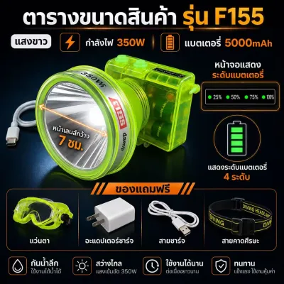 ไฟฉายเดินป่า ไฟฉายคาดหัว LED ดำน้ำลึก 50 เมตร กู้ภัย ก่อสร้าง หม้อแบต ส่องกบ หัวไฟชาร์จแบตได้
