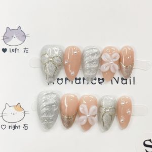 【5in1 Toolkit+HANDMADE】Artificial Nail Cute Flower Gold Bow Silver Foil Almond shape Phototpy Fake Nail Patch Press on Nails Reusable