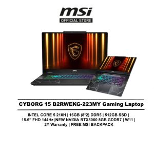 MSI Laptop Cyborg 15 AI Gaming B2RWFKG-223MY (Intel Core 5 210H /16GB OR 32GB DDR5 /512GB SSD/15.6" FHD 144HZ/ NVIDIA RTX5060 8GB/4-ZONE RGB KEY/W11/BAG/2Y)
