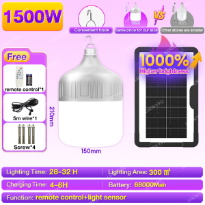【BUY 1 TAKE 1】Tonys 1500W Solar Bulb Light outdoor waterproof IP67 Emergency bulb Hanging 3-Color LED solar lights with panel camping street light lighting Automatic 30 Years Warranty surport COD portable