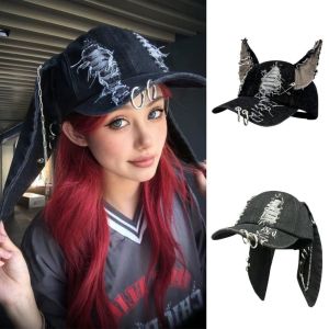 NEEUJ ลูกสุนัขลูกสุนัข หมวกเบสบอลผ้ายีนส์แบบฉีก Y2K กระต่ายกระต่ายกระต่าย หมวก Snapback หูกระต่าย แฟชั่นสำหรับผู้หญิง ฮิปฮอป Chains Doberman ears Hat สาวๆ