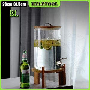 Large Capacity Juice Storage Tank Cold & Hot Water Beverage Bucket Glass Drink Dispenser With Wood Stand Tea Bucket