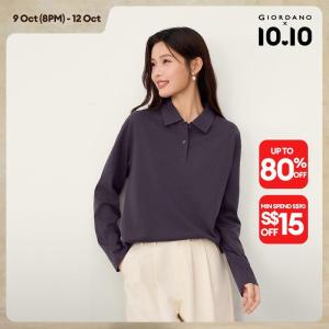Giordano Beau Monde Women Cotton solid color long sleeve polo Free Shipping 13316609