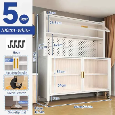 Kitchen Storage Cabinet with Pull-Out Doors & Wheels Dustproof Storage Cabinet Carbon Enclosed Rack Organizer