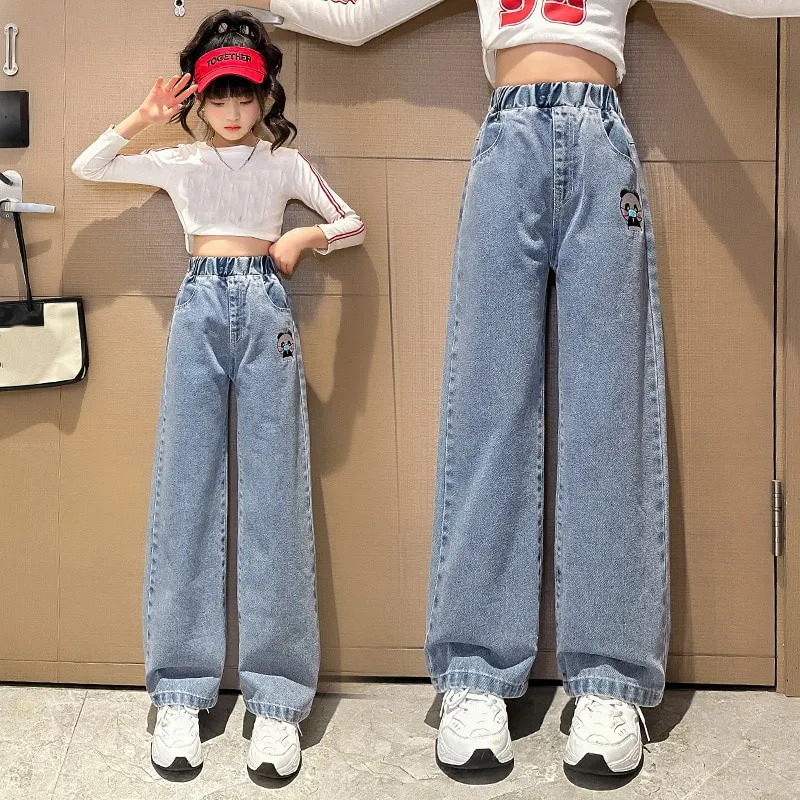 Young Girls Jeans Fashion Loose Wide Leg Trousers for Kids Spring